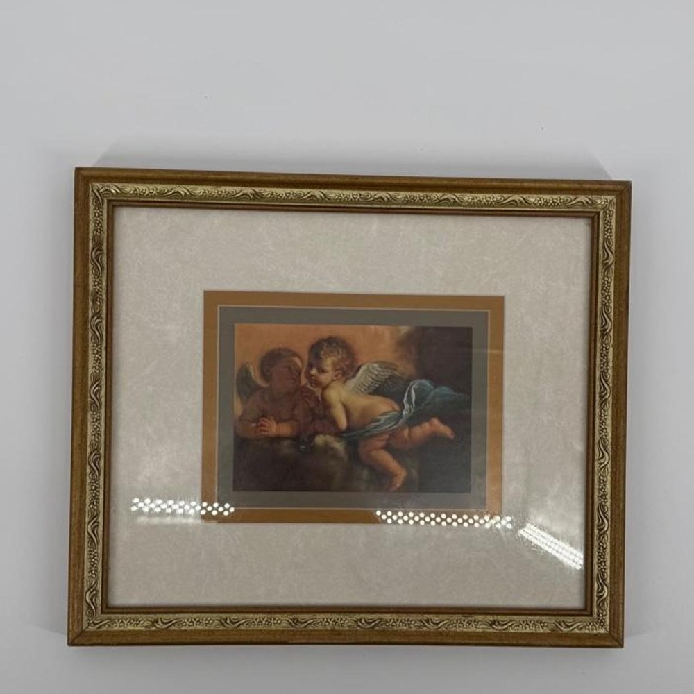 Vintage Framed Cherub Art Print Two Angels Gold Ornate Frame 14x11.5